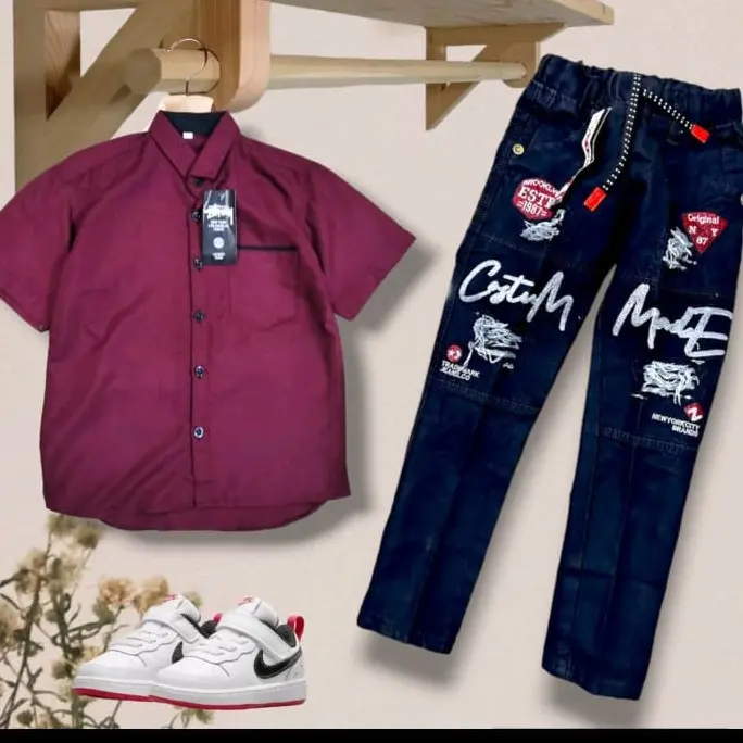 Setelan celana jean panjang dan kemeja anak laki laki usia 1 sampai 12 tahun / fashion anak cowok Bayi Katun Parsel 2