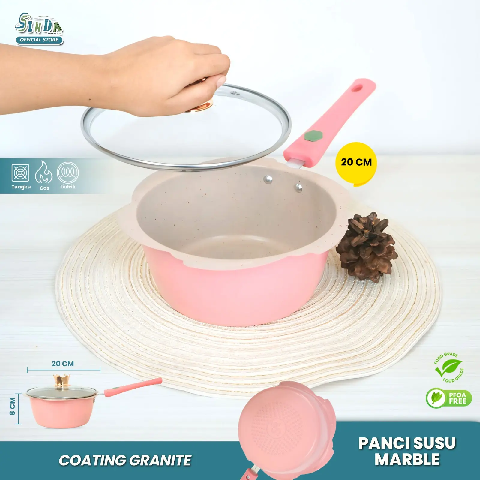 SINDA Panci Susu Bunga Sakura Panci Rebus uk 20cm Panci Bunga Multifungsi Kaca Pink