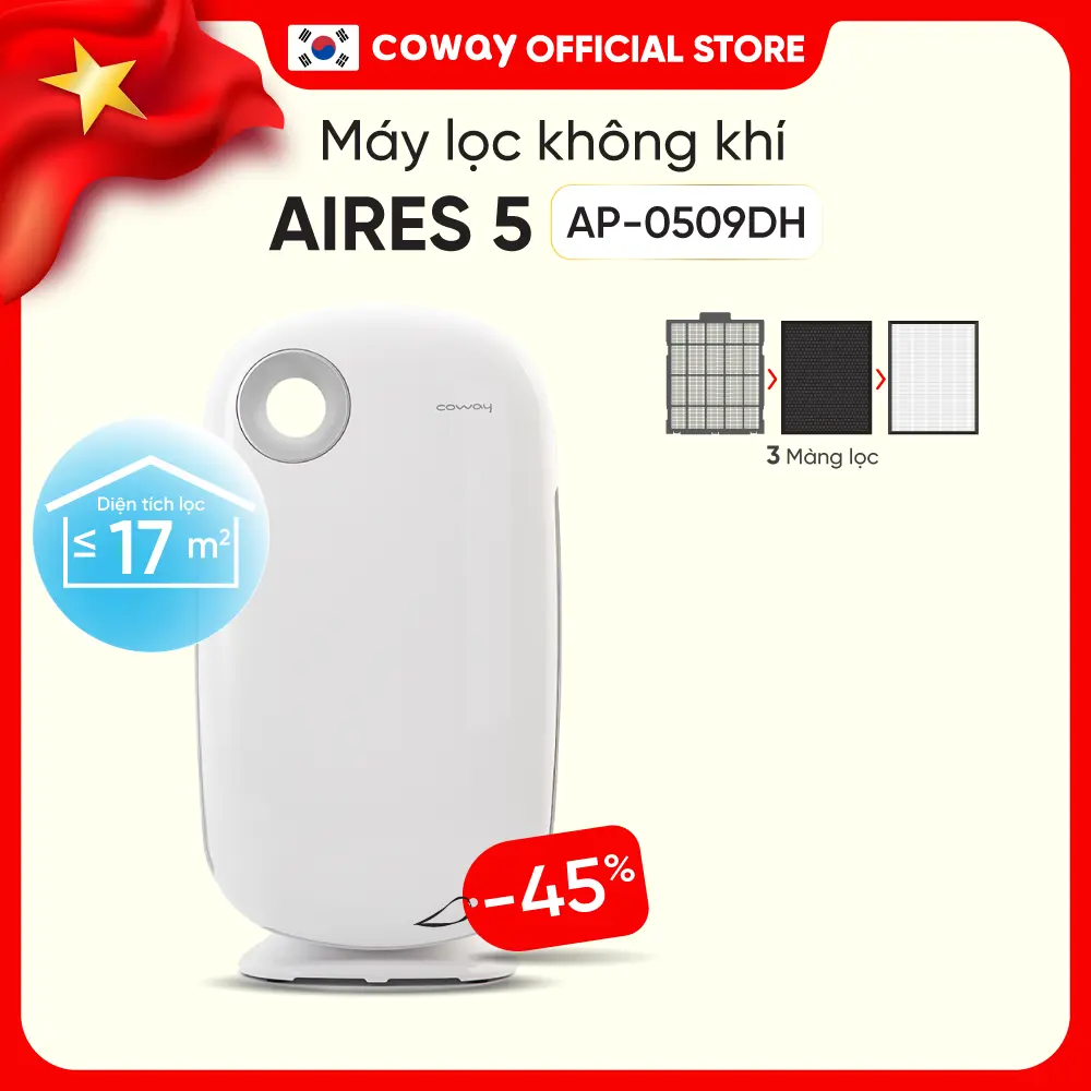 Máy lọc không khí Coway Aires 5 | AP-0509DH lọc diện tích phòng tối đa 17m2 Làm Sạch