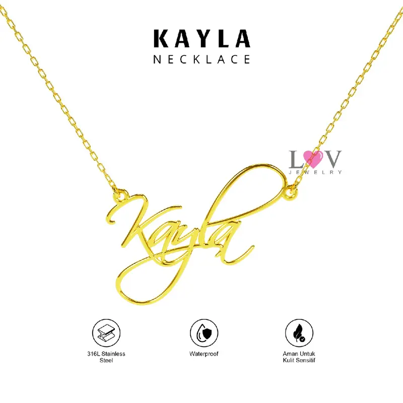 Kayla Necklace - Kalung Nama Custom Elegan Titanium Kuning dan Putih untuk Hadiah Anak Dewasa Emas Perhiasan Rantai Silver Gold 0