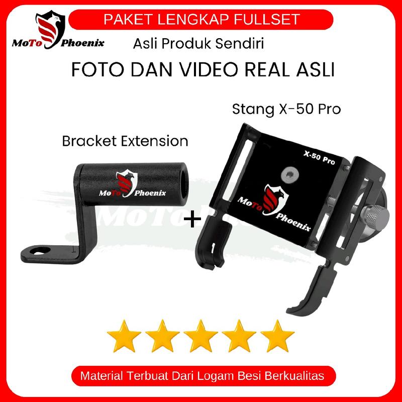 ( FULLSET ) Holder Motor MoTo Phoenix X-50 Pro Full Logam dengan Bracket Extention Spion Motor Phone Holders & Mounts 1