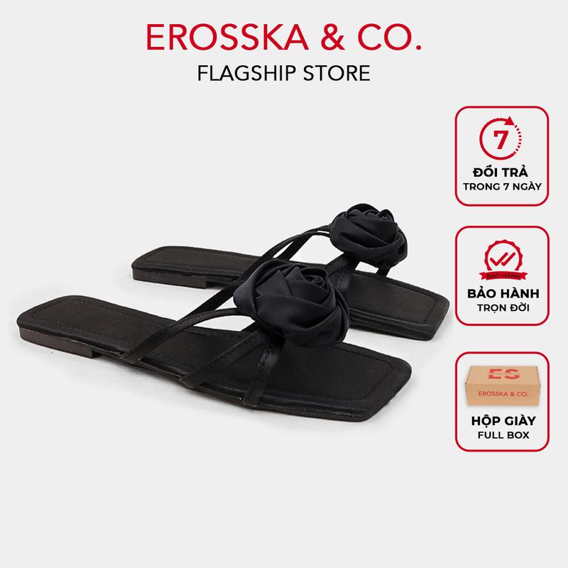   EROSSKA -  Dép nữ đế bằng quai dây mũi hở phối hoa kiểu dáng đơn giản cao 1cm màu đen có hộp giày fullbox - DE089 