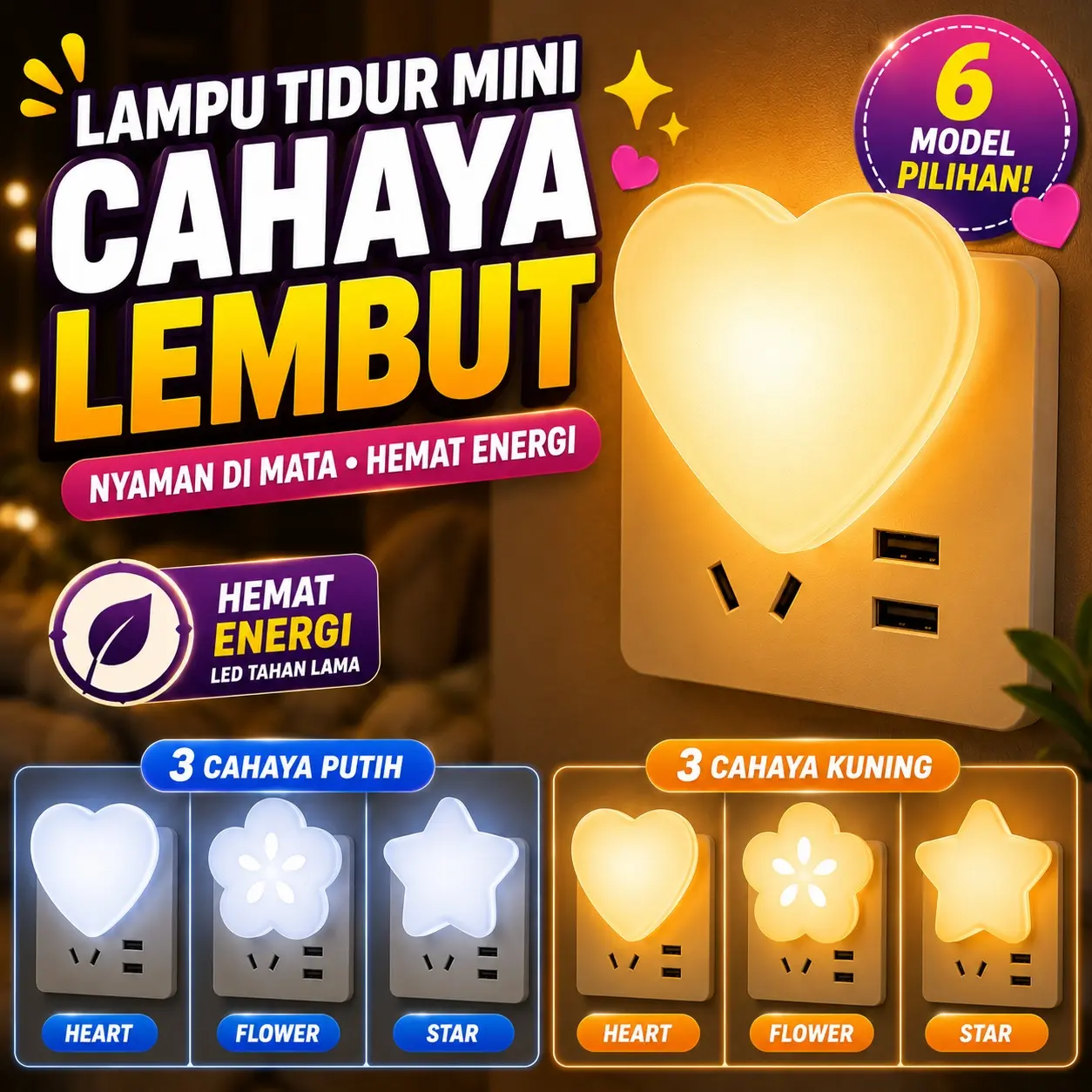 Lampu Malam Bentuk Hati Mini Daya USB, Lampu Hemat Listrik Portabel untuk Kamar Tidur & Ruang Tamu
