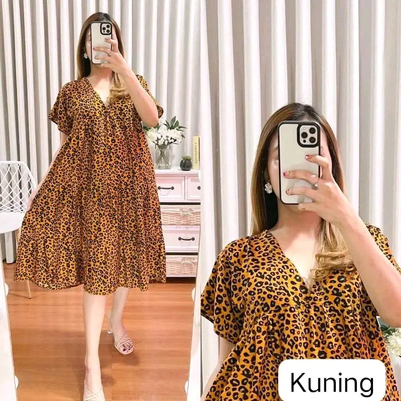 Dress Motif Rayon XXL/Masayu Home Dress Midi Korean motif Ruffle Kanzia/Dress masayu leopard 2
