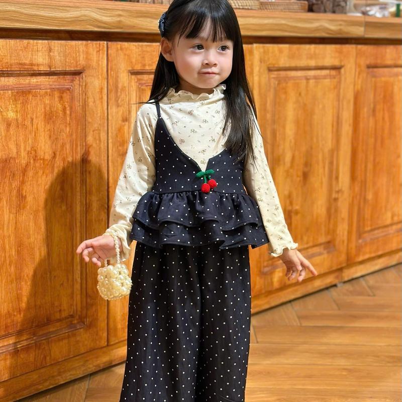 SÉT BÒ CHẤM BI XANH THAN_POOL KIDS - Váy Dài Đen Chấm Bi Phong Cách Hàn Quốc Cho Bé Gái