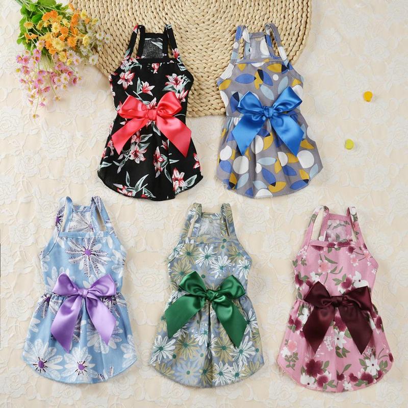 Summer Pet Dress Flowers Printing Ribbon Clothes Puppy Dogs Cats Princess Dress Summer Pet Cat Fair Maiden Skirt #426560 0