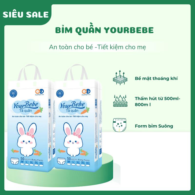 YourBebe Combo 100 Bỉm Quần Suông 2mm Size M-3XL Thấm Hút 500ml-800ml Mềm Mịn Tiết Kiệm Cho Mẹ Siêu Sale