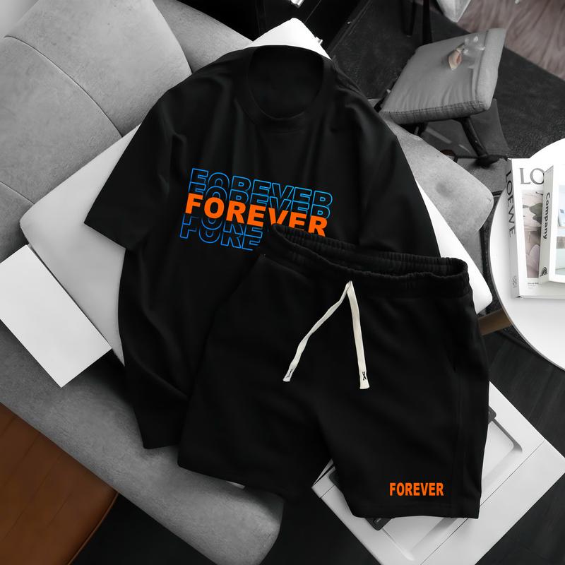 Bộ Quần Áo Nam Nữ Họa Tiết FOREVER Cotton Co Dãn Tay Lửng Phong Cách Năng Động Thoải Mái Menswear Đen