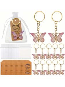 Set de 36 piezas: llavero de mariposa rosa, 12 tarjetas de agradecimiento, 12 bolsas de organza, colgante de acrílico degradado y adornos de mariposa para coche, mochila y bodas, ideal como regalo.
