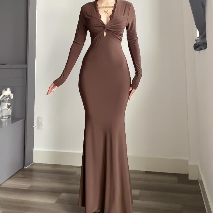 Đầm body nữ form dài tay ôm cổ xẻ tạo kiểu xoắn phối chi tiết viền ren xinh tôn dáng sang chảnh Lolystore dress women HL156