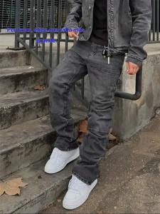 Jeans de mezclilla para hombre lavados sólidos con parches elásticos, corte ajustado, estilo coreano de alta calle, casuales para todas las estaciones