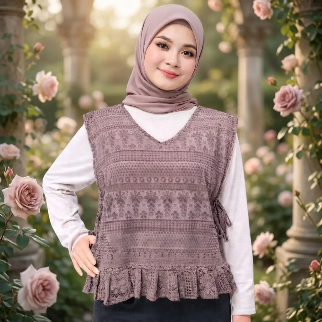 Vest Brukat Ruffle Minimalis Brukat Maliika Motif Floral Striped Wanita Standar