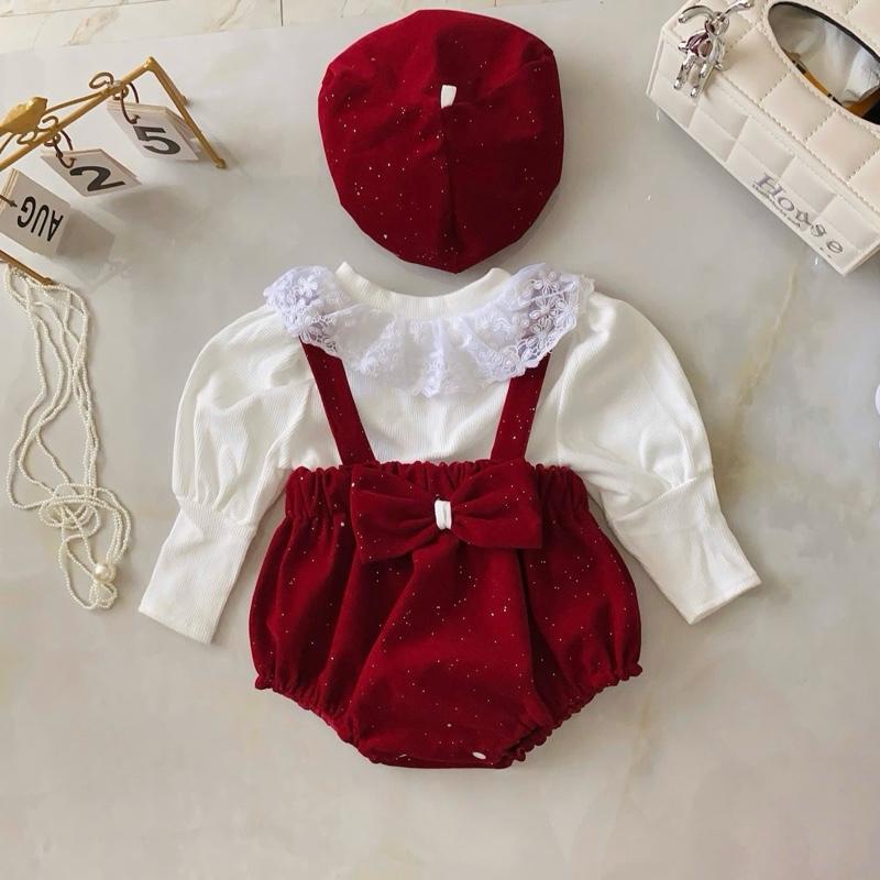 Bodysuit Cho Bé Nhung Đỏ Lấp Lánh Phối Áo Tay Bồng Len Nhung Trắng Và Mũ Nồi Set 3 Chi Tiết Body Cho Bé 3-11kg