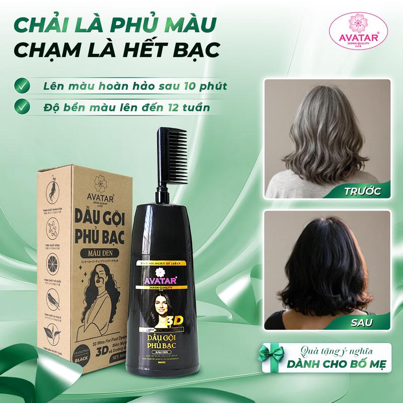 [Ưu đãi] Dầu Gội Phủ Bạc Thảo Dược Avatar Nhật Bản Màu Đen - Lược Chải Nhuộm Tóc Bạc, Phủ Đen Tóc Không Hóa Chất 500ml