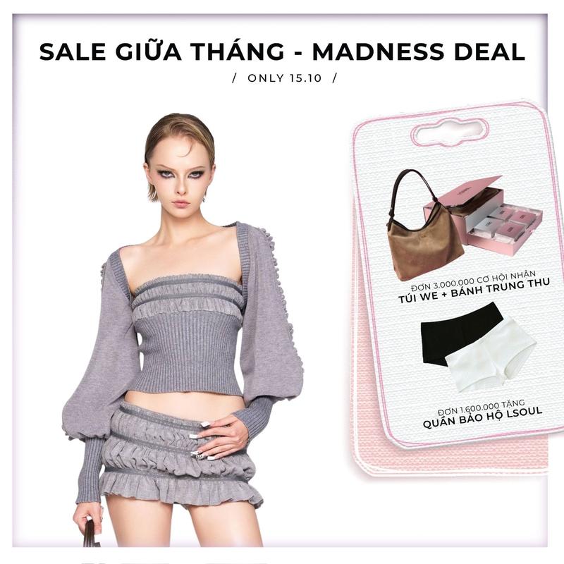 LSOUL - Buzz Set Áo Cúp, Chân Váy Ngắn Bo Chun, Áo Khoác Dáng Phồng Thun Tăm Len Xám Women A24112785 CV24110702 K24110250