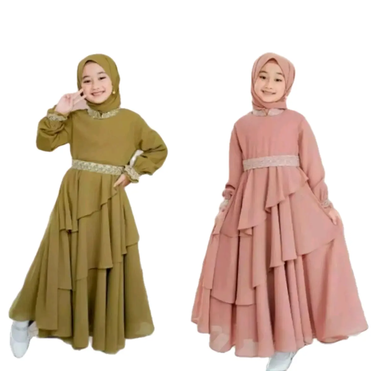 Gamis Anak Set Pasmina Usia 5-13 Tahun Bahan Ceruty Babydoll Baju Dress Muslim Lebaran Syari Wanita