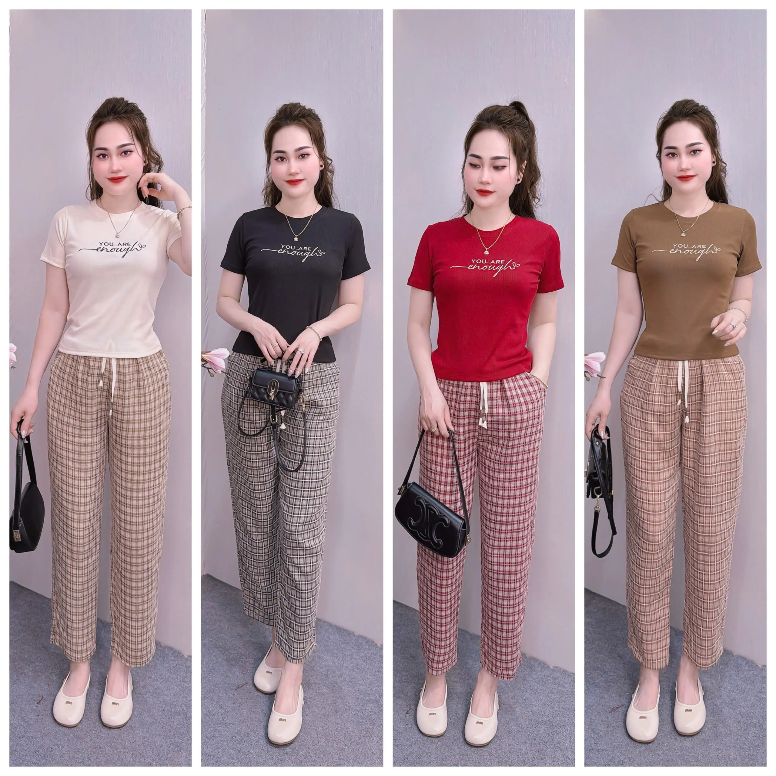 Bộ đồ thun tăm thêu - quần kẻ thô - azela cao cấp 5