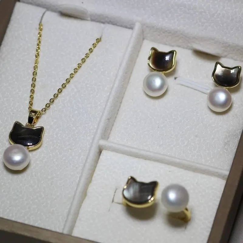 Sweet silver black cat earrings necklace ring set x0021
