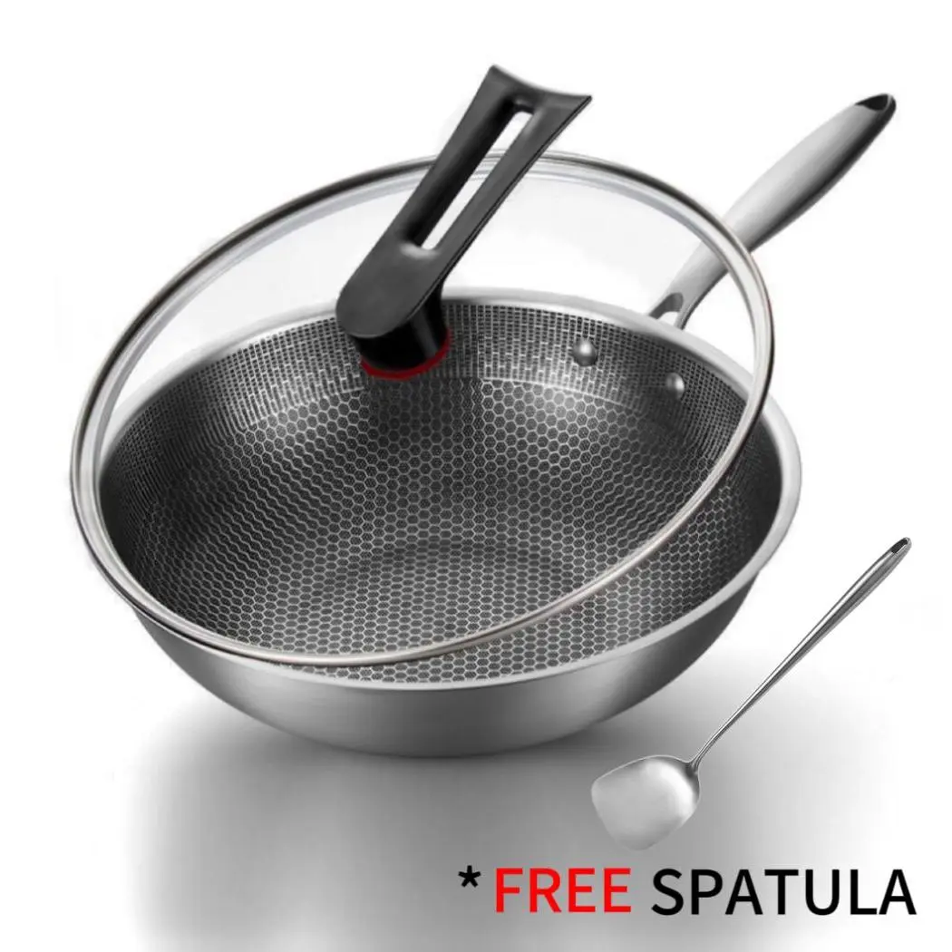 TTM 32CM Honeycomb Wok Pan Non-stick Grill Deep Fry Glass Lid Pot Cookware Kuali Hitam Masak Tak Melekat Steel Handle Kitchenware Nonstick