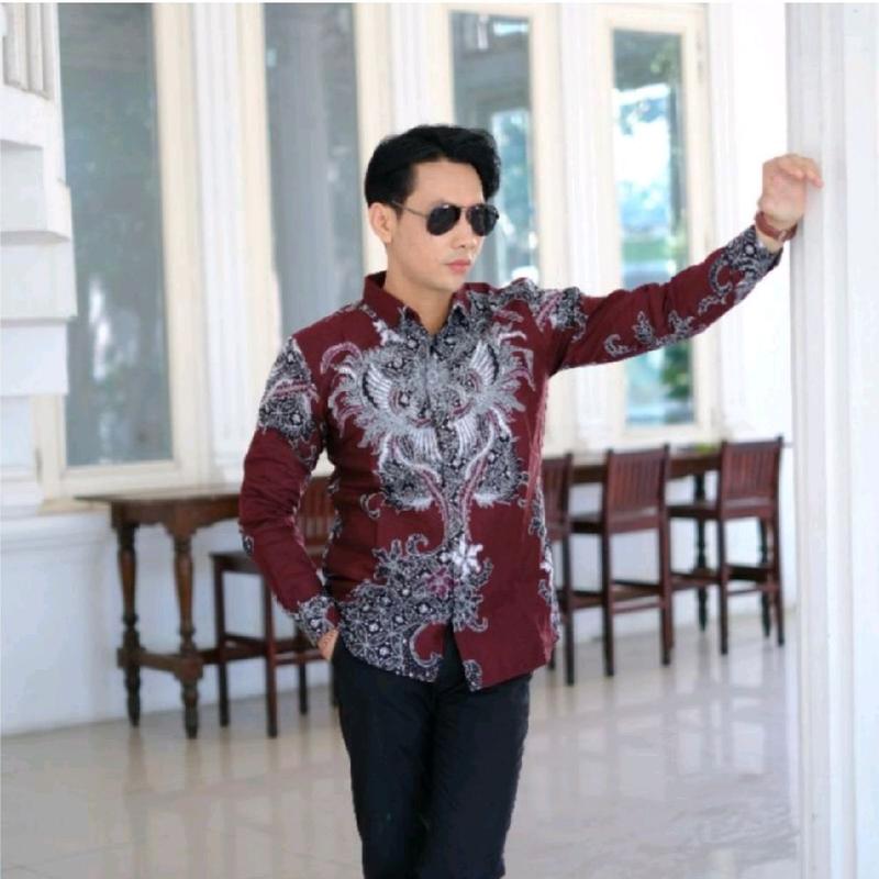 Kemeja Batik Jumbo Dewasa Pria - Warna Brukundy - Baju, Katun Formal Panjang 1