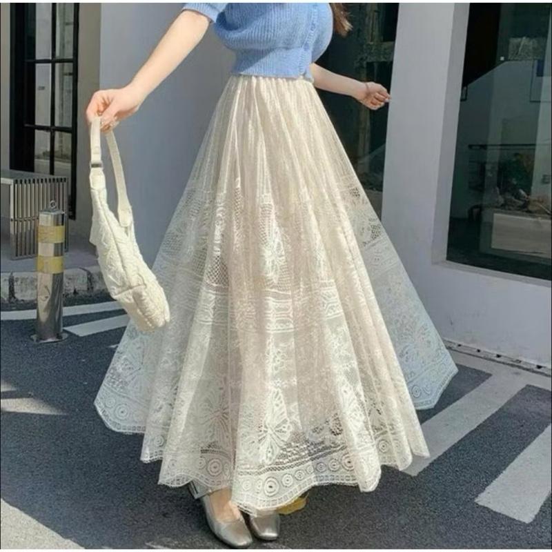 Chân váy Dài Maxi phối ren tùng rộng cạp chum co giãn 2 lớp thêu hoa phối đồ phong cách tiểu thư nữ tính sang trọng