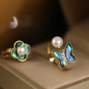 Cincin Jari Telunjuk Kupu Mutiara Warna Gradien Wanita Cincin Terbuka Semanggi B141