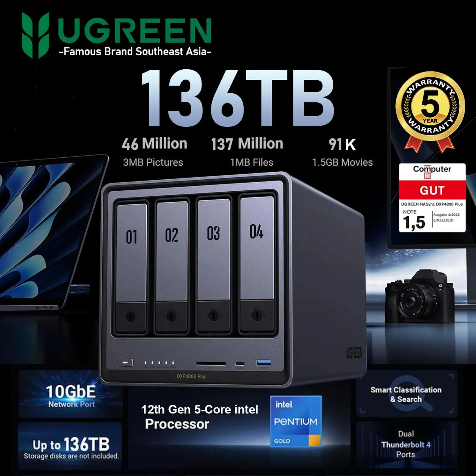 UGREEN NAS DXP4800 Plus 4-Bay 136TB 10GbE Nas Sync Server Storage Cloud Intel Pentium Gold 8505 5