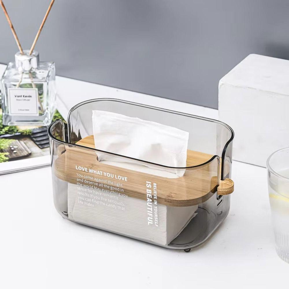 GEMMAIA Nordic Minimalist Bamboo Lid Transparent Tissue Box Waterproof Adjustable Desktop Tissue Dispenser Easy-To-Clean Space-saving Facial Tissue Holder Home Living Room