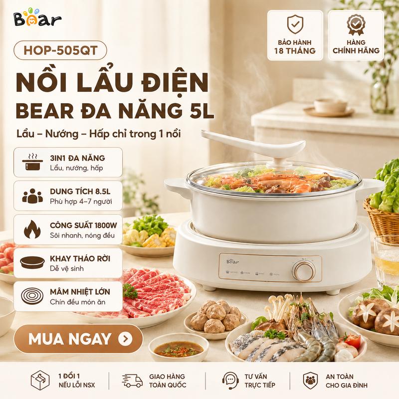 Nồi lẩu nướng hấp Bear HOP-505QT đa năng 3 khay tách rời công suất 1800W Quốc Tế bảo hành 18 tháng