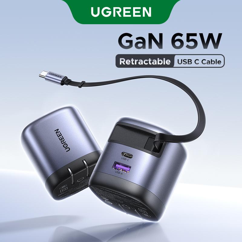 UGREEN, 45W / 65W, Bộ sạc GaN, với bộ sạc Cáp USB C Có Thể Thu Vào 70cm, cổng 1A 1C, GaN Có Thể Gập Lại, Sạc tường sạc nhanh PPS 45W, Tương thích với Samsung S25 và iPhone 16 chân tròn, phích cắm EU / chân phẳng US, mã sản phẩm: 65310