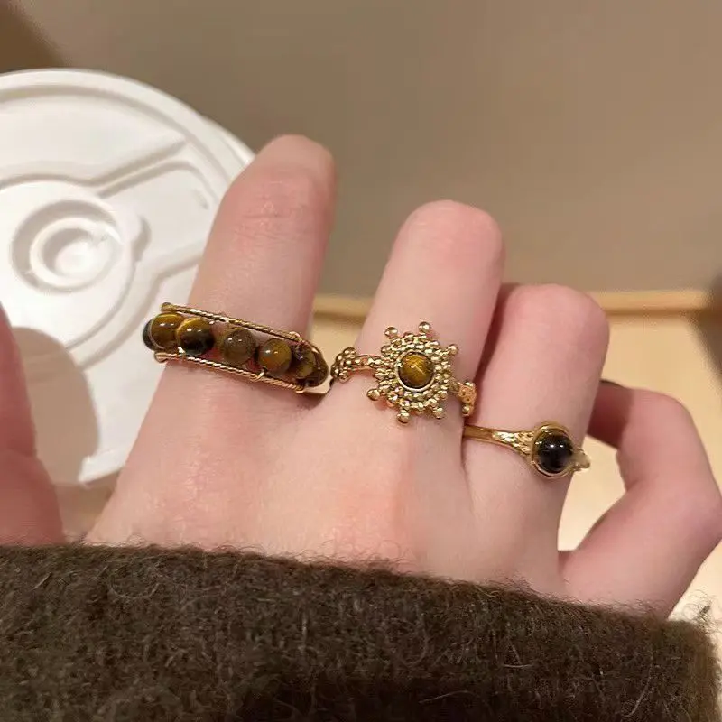 Liui   Cincin Batu Mata Harimau Retro Wanita Serbaguna Temperamen Cincin Terbuka Mode Cincin Jari Telunjuk