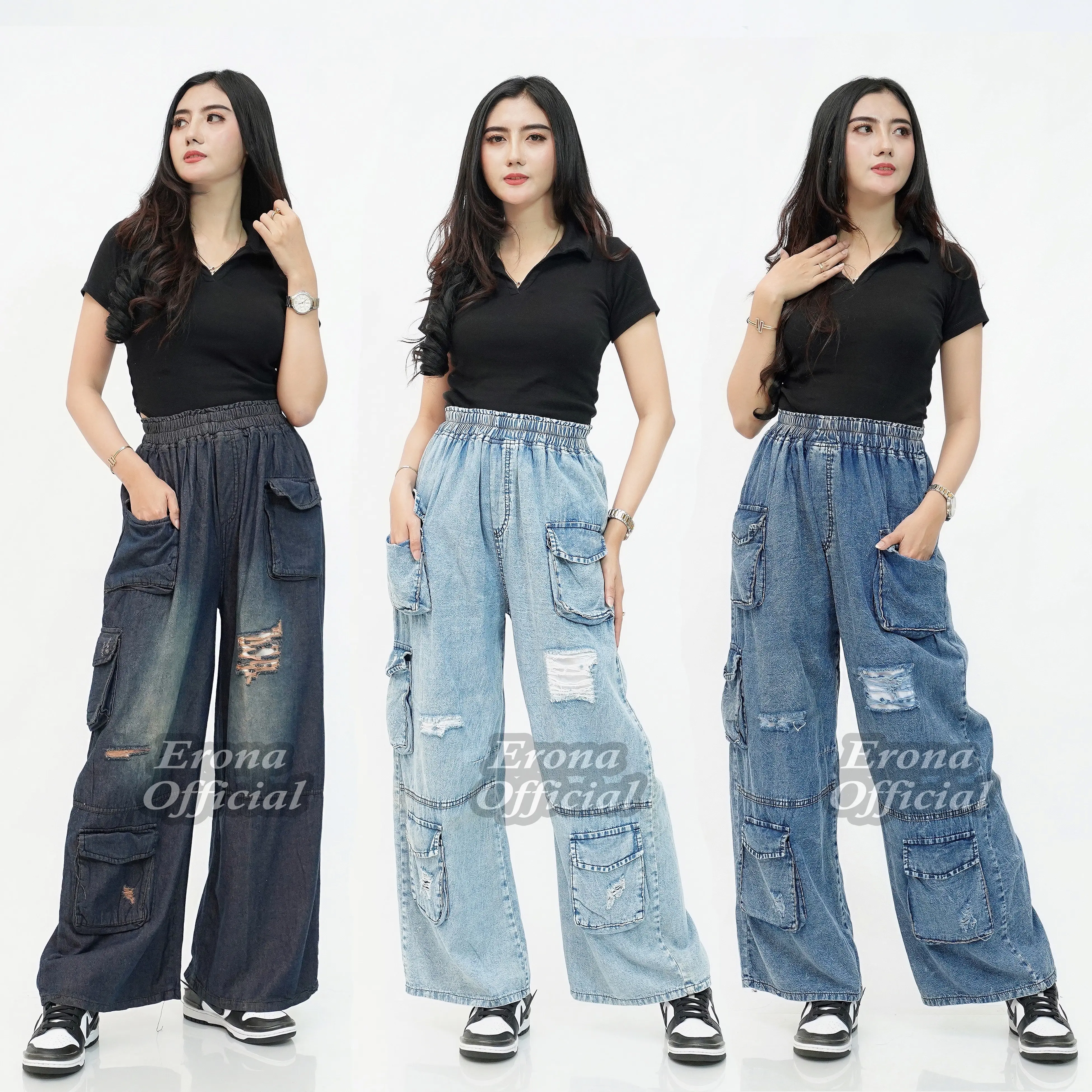Erona_id - Celana Jeans Kulot Cargo Panjang Sobek Sobek Wanita Skena Kekinian 2025 dengan Karet Pinggang Elastis dan 5 Kantong Samping-Depan-Bawah Dewasa Cewek