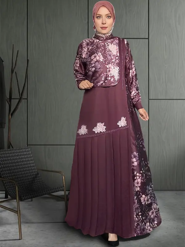 Gamis Jumbo Elegan Terbaru Kain Silk Motif Bunga Mewah Wanita Muslim  Dress LD UP TO 140 - Baju Busui & Wudhu Friendly 0