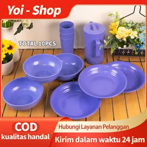 Yoi - (10 Pcs)  Set Peralatan Makan / Set Piring, Mangkuk, Teko, dan Gelas / Cocok untuk Acara Makan Bulat yang Spesial / Piring 3 Mangkuk 3 Teko 1 Gelas Plastik Sayur Kitchenware
