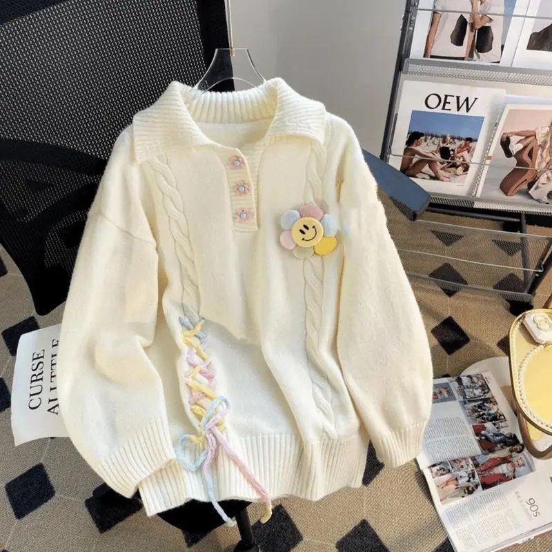 Cardigan Rajut Wanita Patch Sunflower Kerah Polo Oversize Knitwear 5
