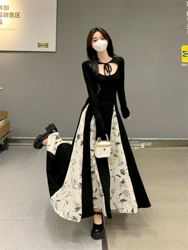 Váy Dài Tay Cổ Điển Trung Quốc, Thiết Kế Rỗng Đẹp Mới, Khâu Hoa, Váy Chữ A Giảm Béo Tuyệt Vời Nữ Khuy Dress Voan Đen Voi Women 5