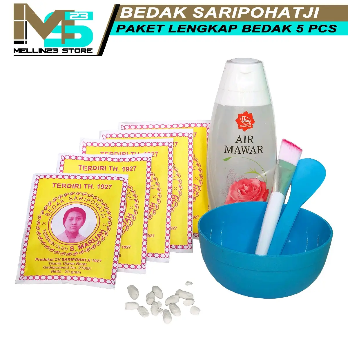 paketan bedak saripohatji bedak masker dingin asli ciamis /5 pcs includ kuas mangkok dan spatula