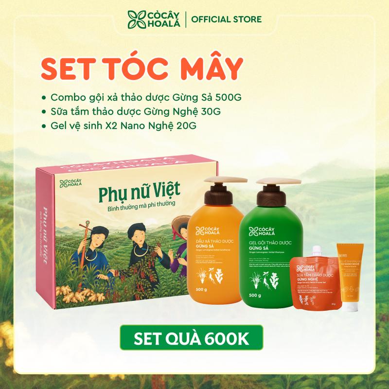 SET TÓC MÂY, Set quà Cỏ Cây Hoa Lá "Phụ nữ Việt - Bình thường mà phi thường": COMBO dầu gội xả thảo dược Gừng sả 500g/chai & Hộp quà Cỏ Cây Hoa Lá - Tặng sữa tắm gừng nghệ mini 30g & Tuýp Dung dịch vệ sinh mini 20ml