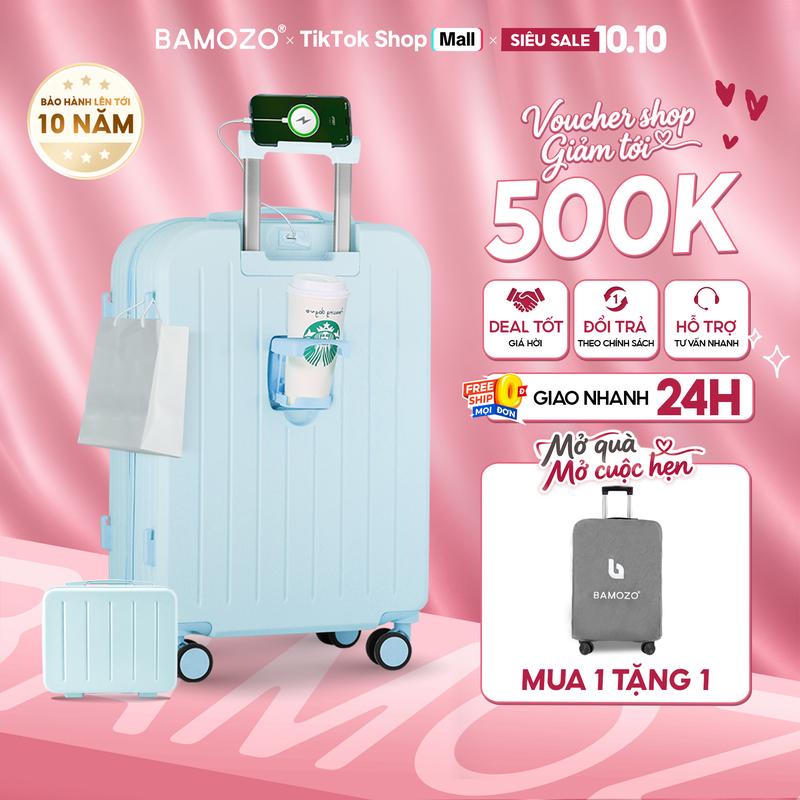 [BAMOZO x KOC] Vali Bamozo 8812 Bản Cao Cấp + Tặng Cốp Màu Ngẫu Nhiên Size 20/24 Xách Tay Ký Gửi Nhựa ABS PC Bền đẹp Có Khay Để Cốc Nước Bảo Hành 5 Năm - Lỗi 1 Đổi 1 Trong 30 Ngày _8812