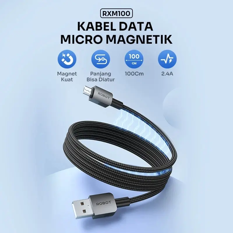 ROBOT Kabel Data Magnetik 1M Type C Micro USB Lighting Anti Kusut Data Cable RXM100/RXL100/RXC 100/RXCC100/RXCL100 Original- Garansi 1 Tahun- BISA COD 5