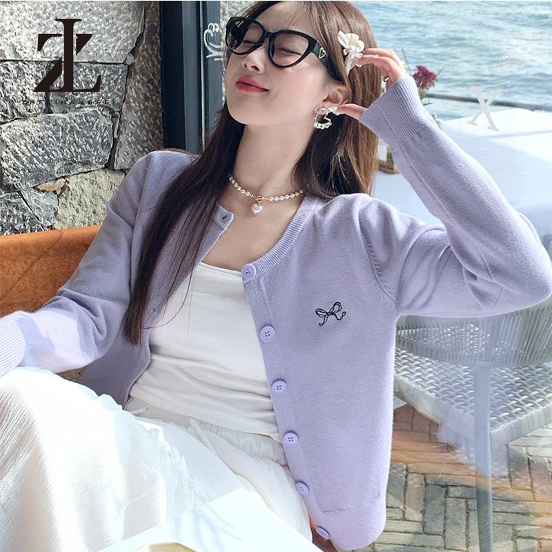  Áo Dệt Kim Cardigan Nữ Phong Cách Mới Cổ Tròn Thời Trang Mỏng Nhìn Thêu Áo Khoác Nhỏ Purple 
