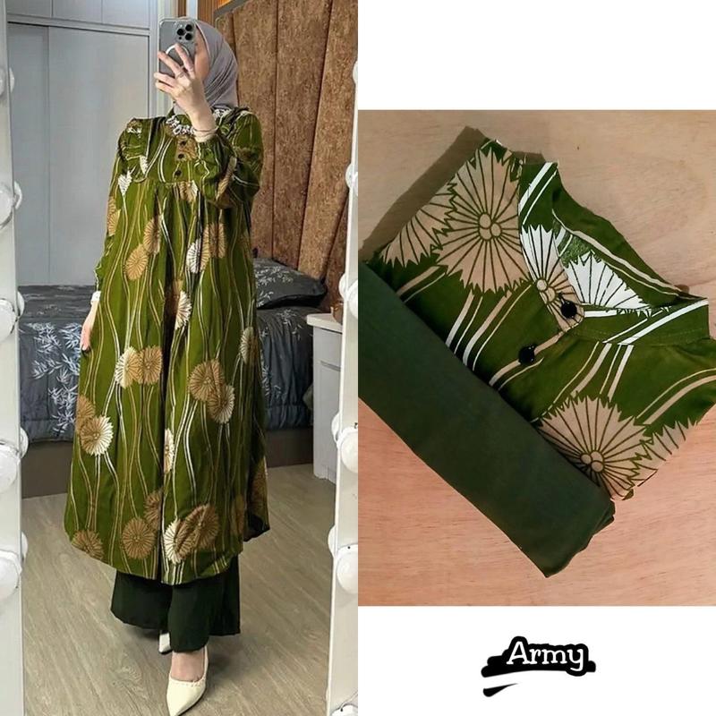 MONICA STELAN LONG TUNIK DAN CELANA ONESET ATASAN DAN CELANA NYAMAN SIMPLE MEWAH DAN ELEGAN OUTFIT DAILY COCOK UNTUK SEMUA MUSIM TUNIK FULL MOTIF CELANA POLOS Crinkle Airflow Muslim Panjang Setelan Rayon Diamond 4