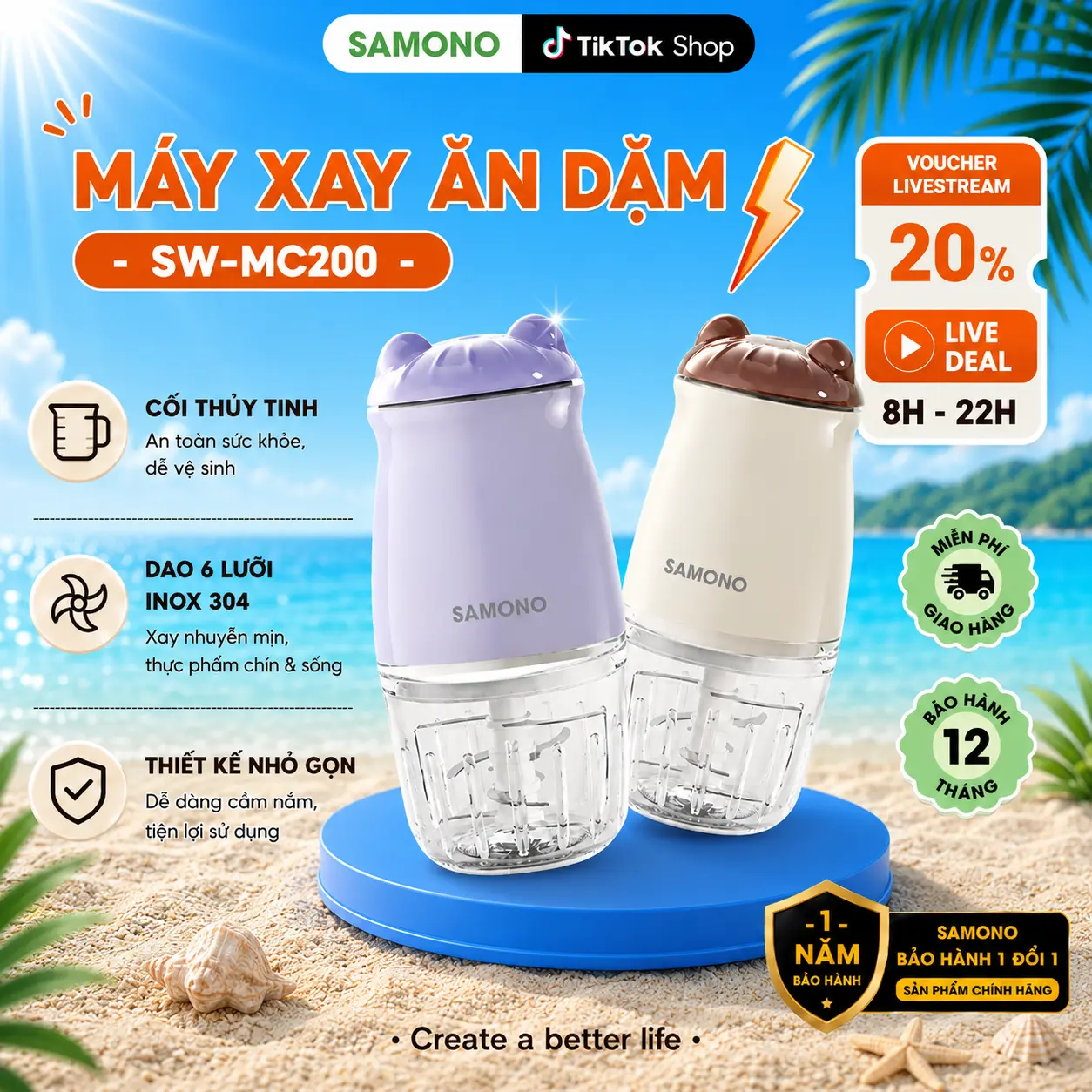 (BH 1 Năm)Samono Máy Xay Thực Phẩm Đa Năng, Xay Thịt, Xay cháo ăn dặm  6 Lưỡi  Inox,200W Cối Thủy Tinh Xay Nhuyễn Mịn SW-MC200