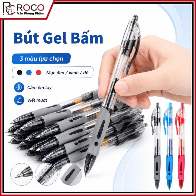 Set 5 Bút Gel Bấm 0.5mm- 3 Màu Mực, Viết Êm, Mực Ra Đều, Phù Hợp Cho Học Sinh Và Văn Phòng.