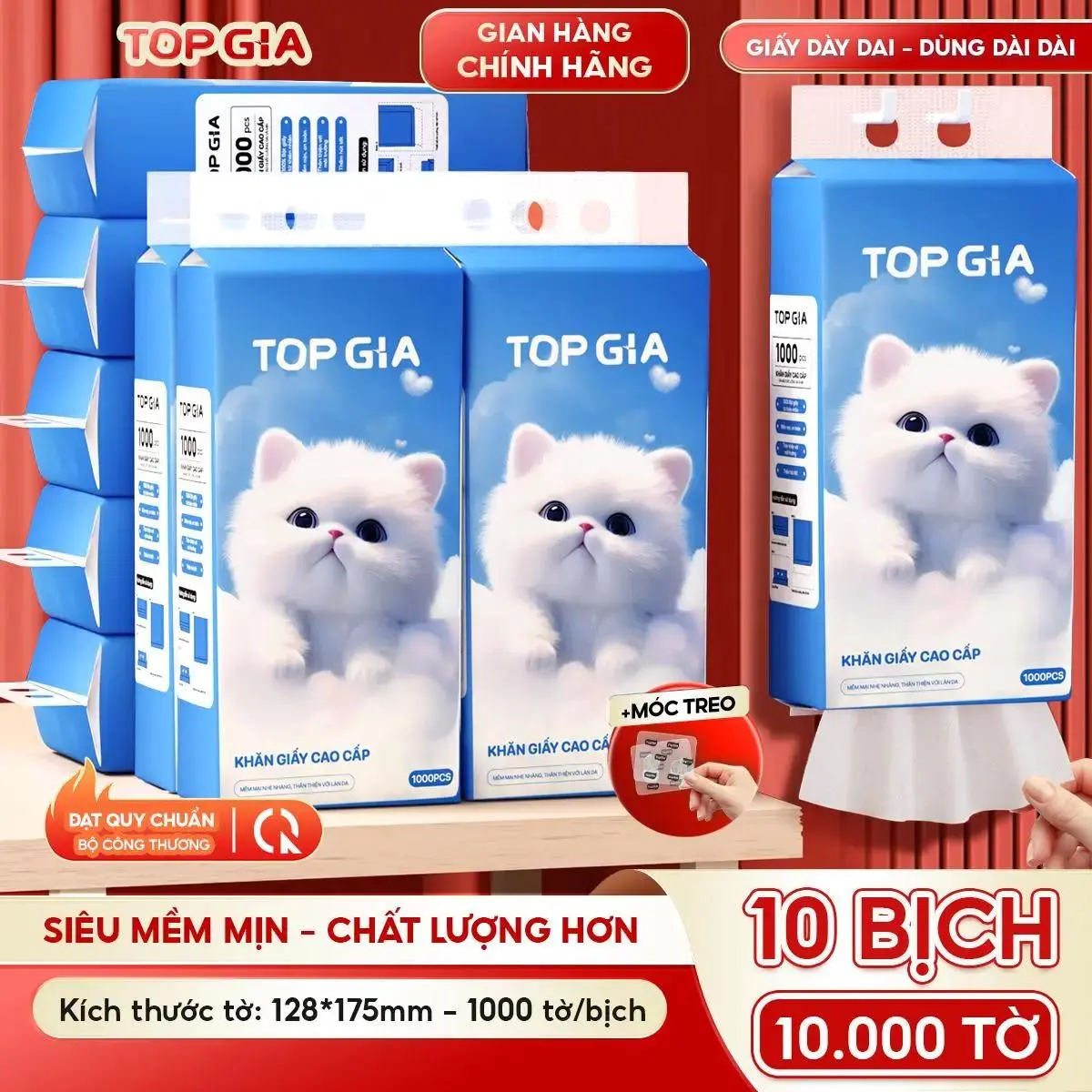 [XẢ KHO - GIẤY MỊN HƠN] COMBO 10 Bịch Giấy Rút Đáy GIA GIA TOPGIA 5 lớp mềm mịn, 1000 tờ/bịch, làm từ bột gỗ tự nhiên an toàn, ĐẠT QUY CHUẨN BỘ CÔNG THƯƠNG, tặng kèm 3 móc treo tiện lợi (vtg68) #topgia