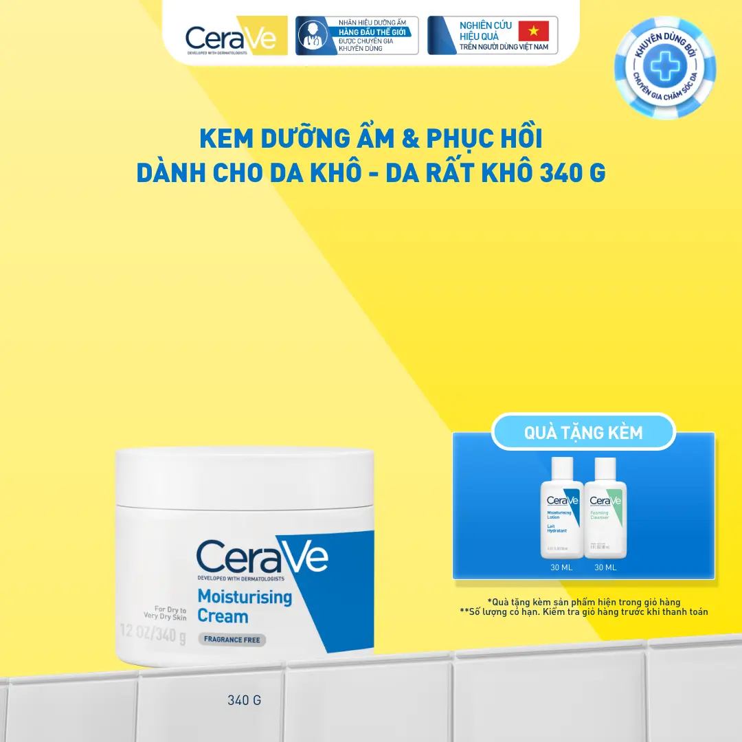 Kem dưỡng ẩm dành cho da khô Cerave Moisturizing Cream 340g. Kem dưỡng giúp phục hồi chuyên sâu, giữ da ẩm mịn suốt 48 giờ, không gây bí da. DÙNG ĐƯỢC CHO DA MẶT VÀ CƠ THỂ_ Chăm sóc da_Kem & Sữa dưỡng thể_Skincare cho Nam và Nữ