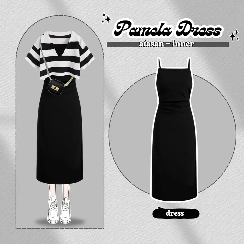 One Set Cute Korean Outfit (Baju Rajut Crop Top Lengan Pendek, Inner Dress Panjang Hitam) LQ081 Setelan Wanita Oversize Atasan Putih Stripe one  set 2