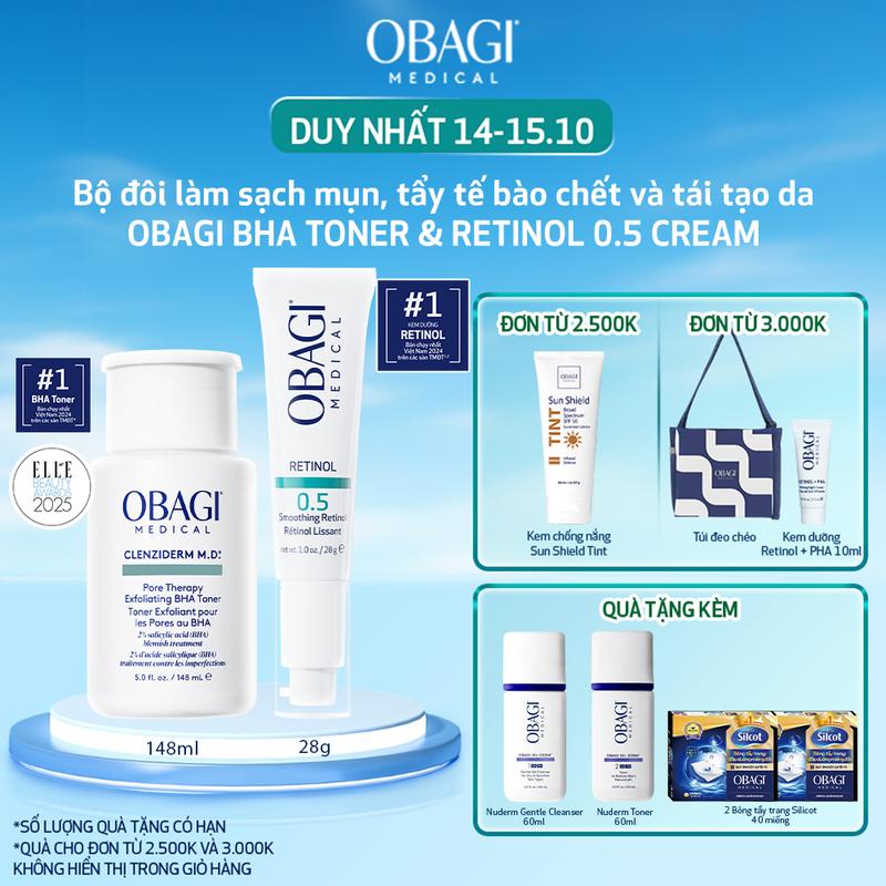 [OBAGI DAY] Bộ đôi dưỡng da Obagi Toner BHA hỗ trợ làm sạch mụn và tẩy tế bào chết MEDICAL CLENZIDERM M.D. PORE THERAPY EXFOLIATING BHA TONER 148ml & Kem dưỡng RETINOL 0.5 Cream 28g
