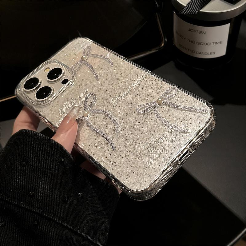 Product Introduction of Sparkly Pearl Bow Glitter Clear Full-Edge Protective Anti-Scratch Phone Case for iPhone 11/12/13/14/15/16 Pro/15 Pro Max Shockproof Anti-Drop Smartphone Case for Women 10