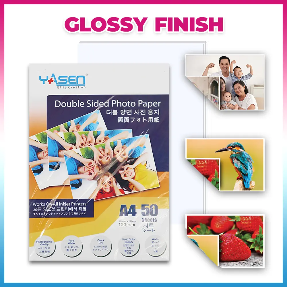 Yasen Double Sided Glossy Photo Paper A4 Size 50Sheets 120gsm 140gsm 180gsm 230gsm 300gsm